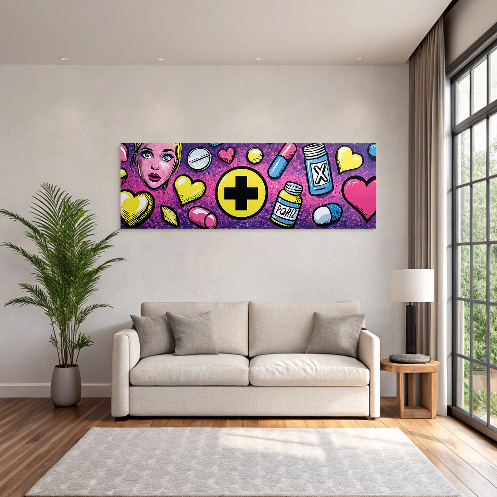 PopArt Bunte Pillen Herzen Frau Auf Lila Hintergrund
