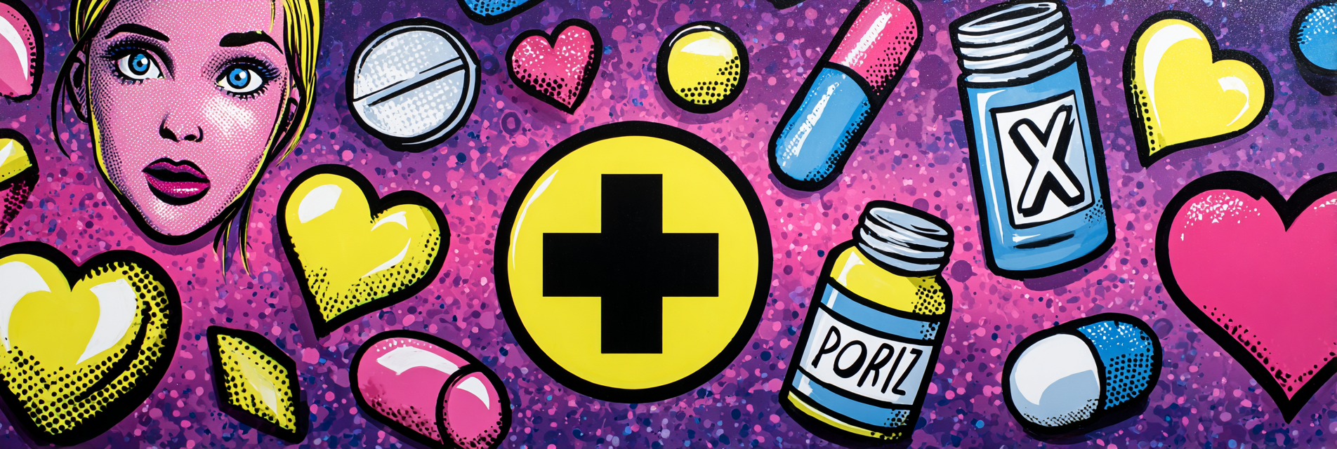 PopArt Bunte Pillen Herzen Frau Auf Lila Hintergrund | Pop Art | Stilrichtungen