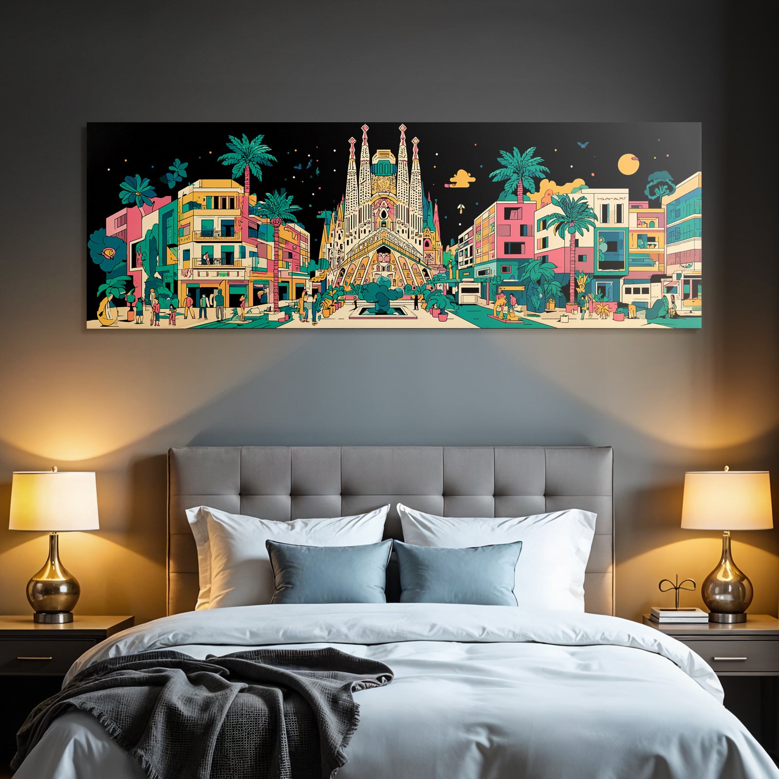 PopArt Bunte Stadtlandschaft Mit Sagrada Familia Palmen Menschen Und Nachthimmel