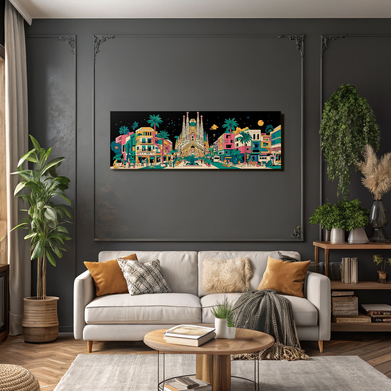 PopArt Bunte Stadtlandschaft Mit Sagrada Familia Palmen Menschen Und Nachthimmel