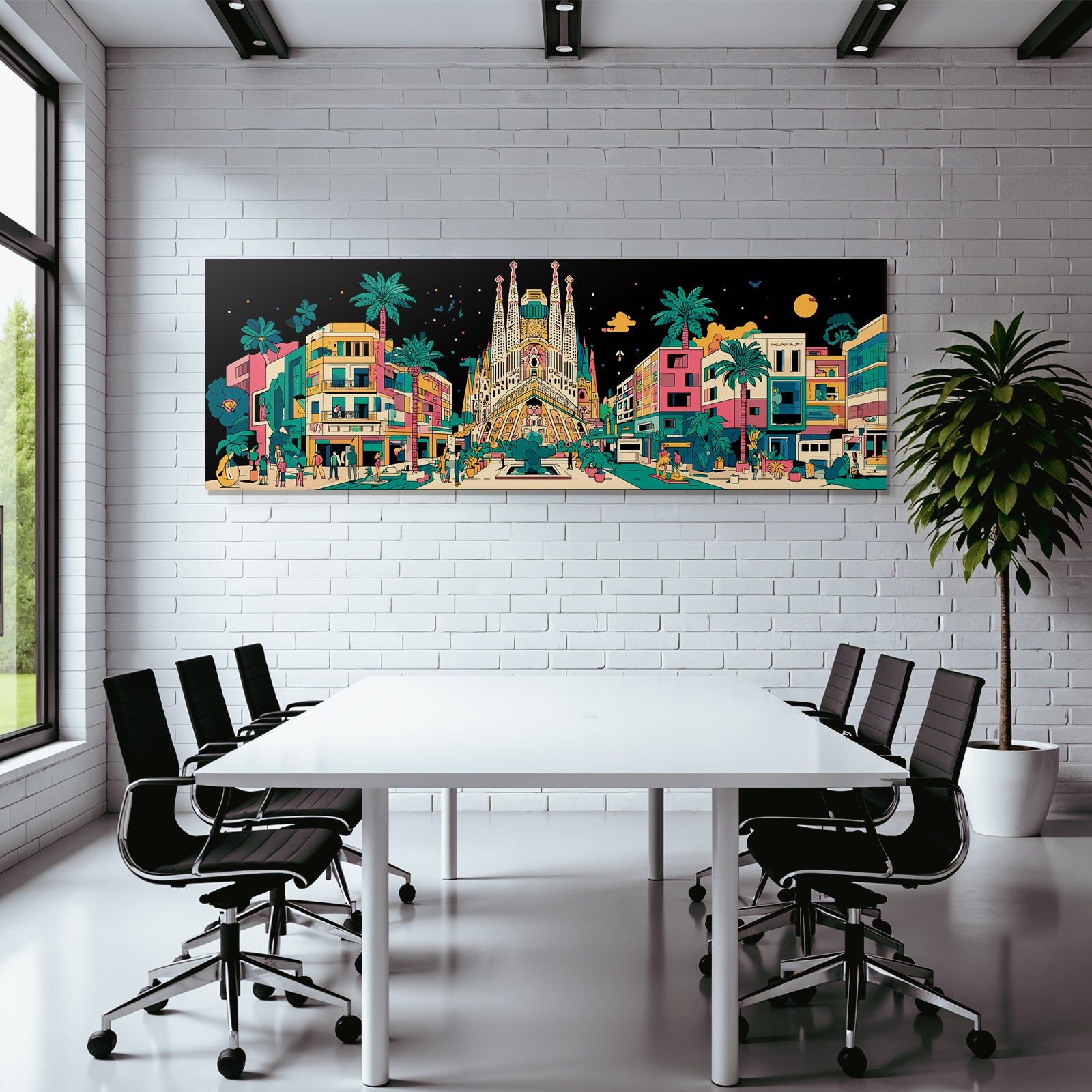 PopArt Bunte Stadtlandschaft Mit Sagrada Familia Palmen Menschen Und Nachthimmel