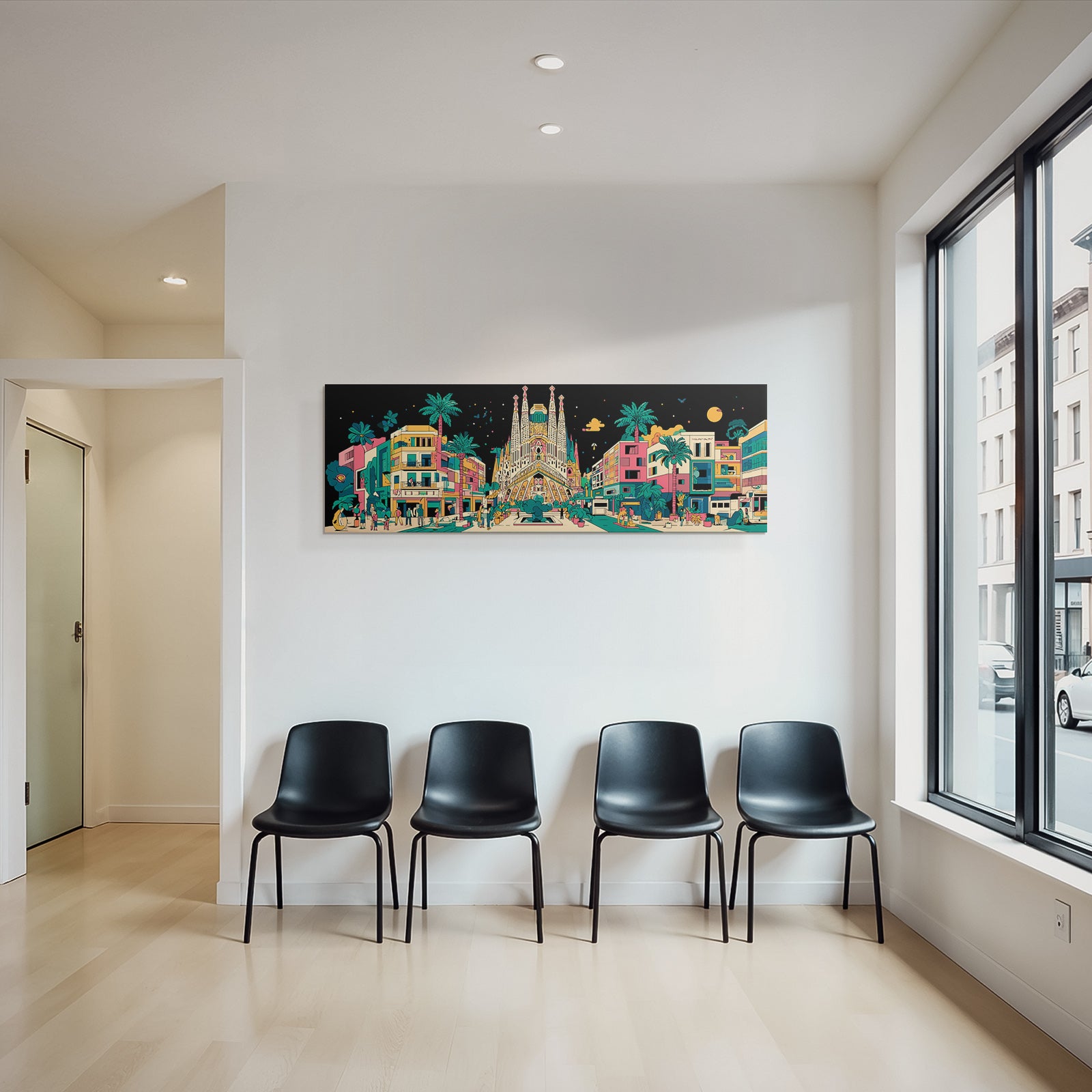 PopArt Bunte Stadtlandschaft Mit Sagrada Familia Palmen Menschen Und Nachthimmel