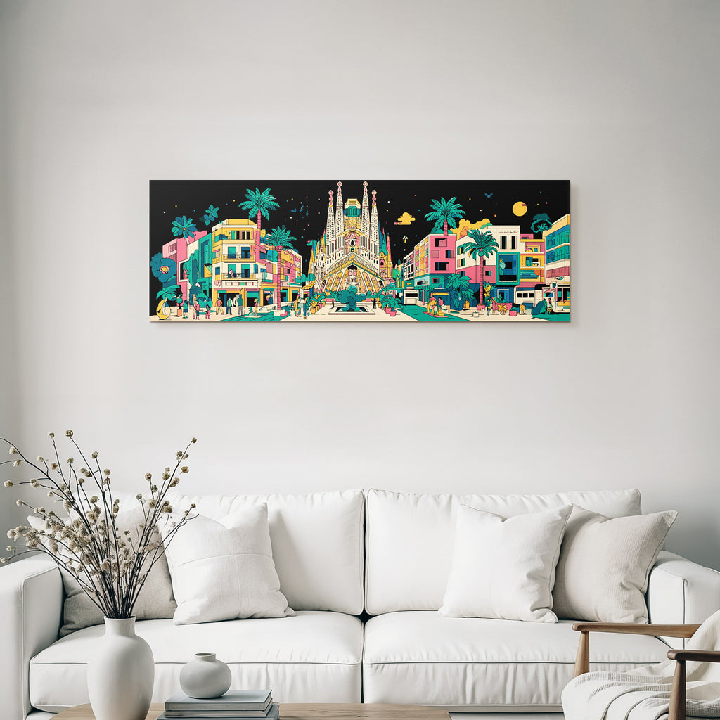 PopArt Bunte Stadtlandschaft Mit Sagrada Familia Palmen Menschen Und Nachthimmel