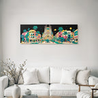 PopArt Bunte Stadtlandschaft Mit Sagrada Familia Palmen Menschen Und Nachthimmel