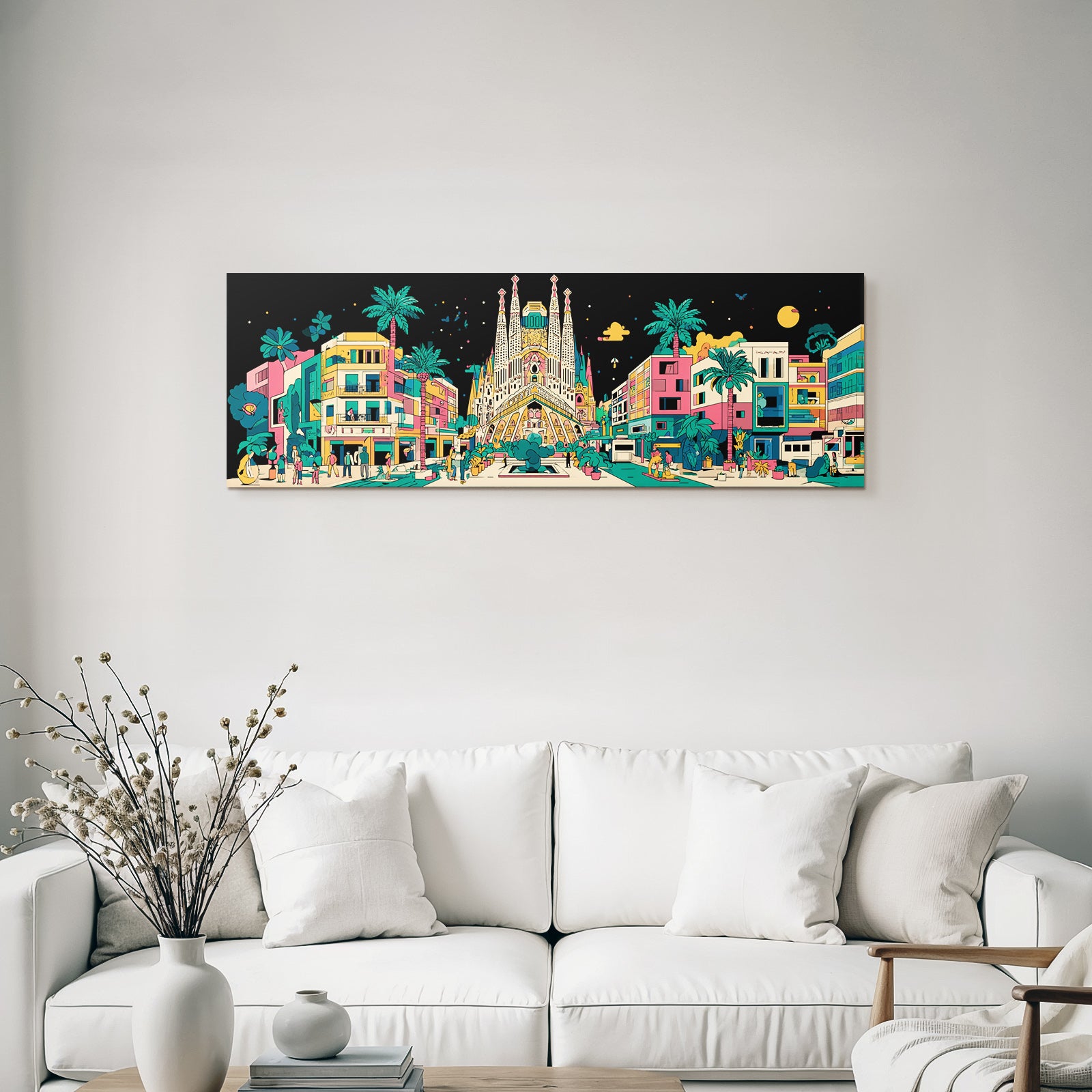 PopArt Bunte Stadtlandschaft Mit Sagrada Familia Palmen Menschen Und Nachthimmel