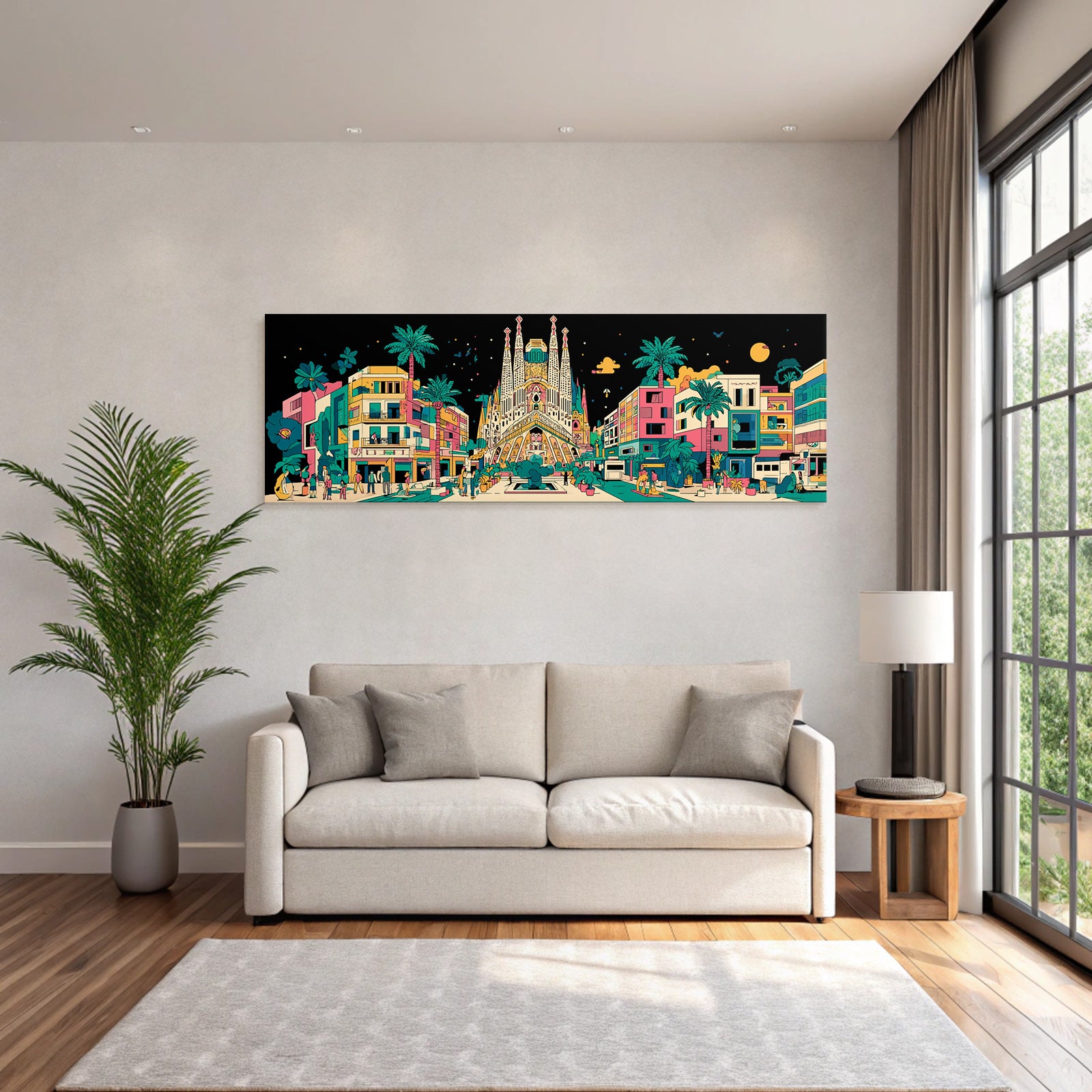 PopArt Bunte Stadtlandschaft Mit Sagrada Familia Palmen Menschen Und Nachthimmel