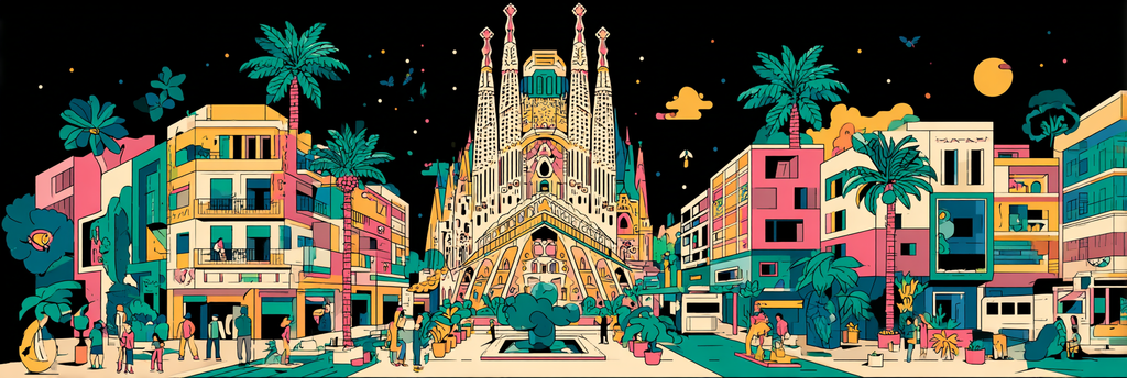 PopArt Bunte Stadtlandschaft Mit Sagrada Familia Palmen Menschen Und Nachthimmel | Pop Art | Stilrichtungen
