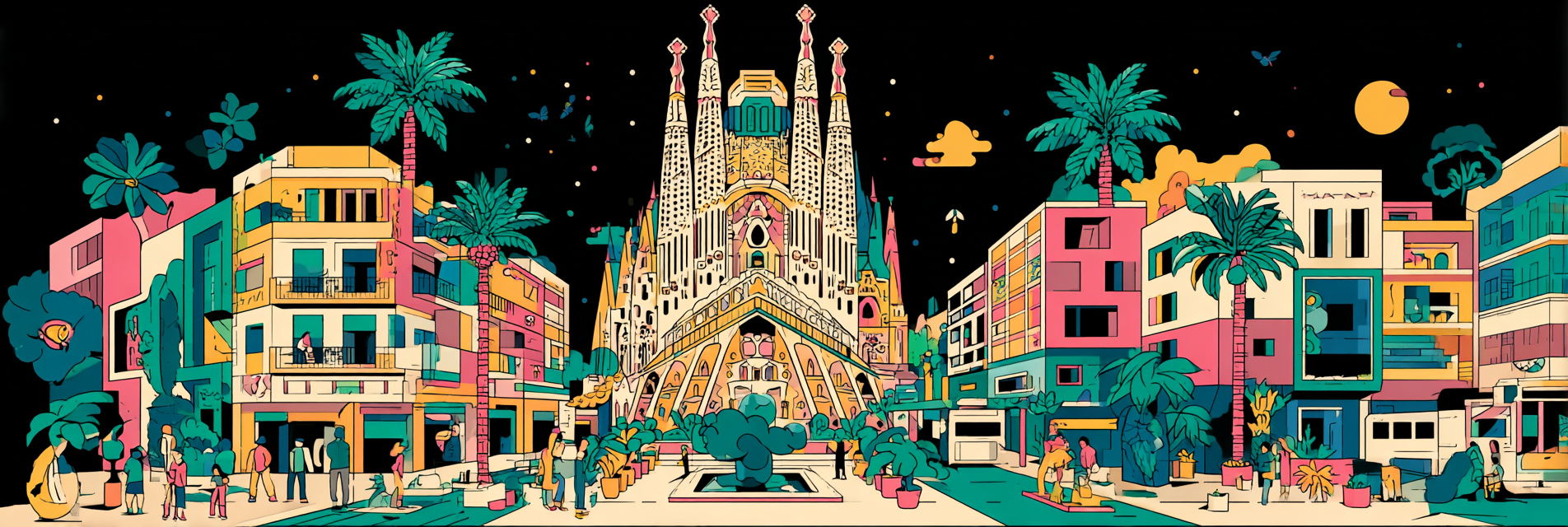 PopArt Bunte Stadtlandschaft Mit Sagrada Familia Palmen Menschen Und Nachthimmel | Pop Art | Stilrichtungen