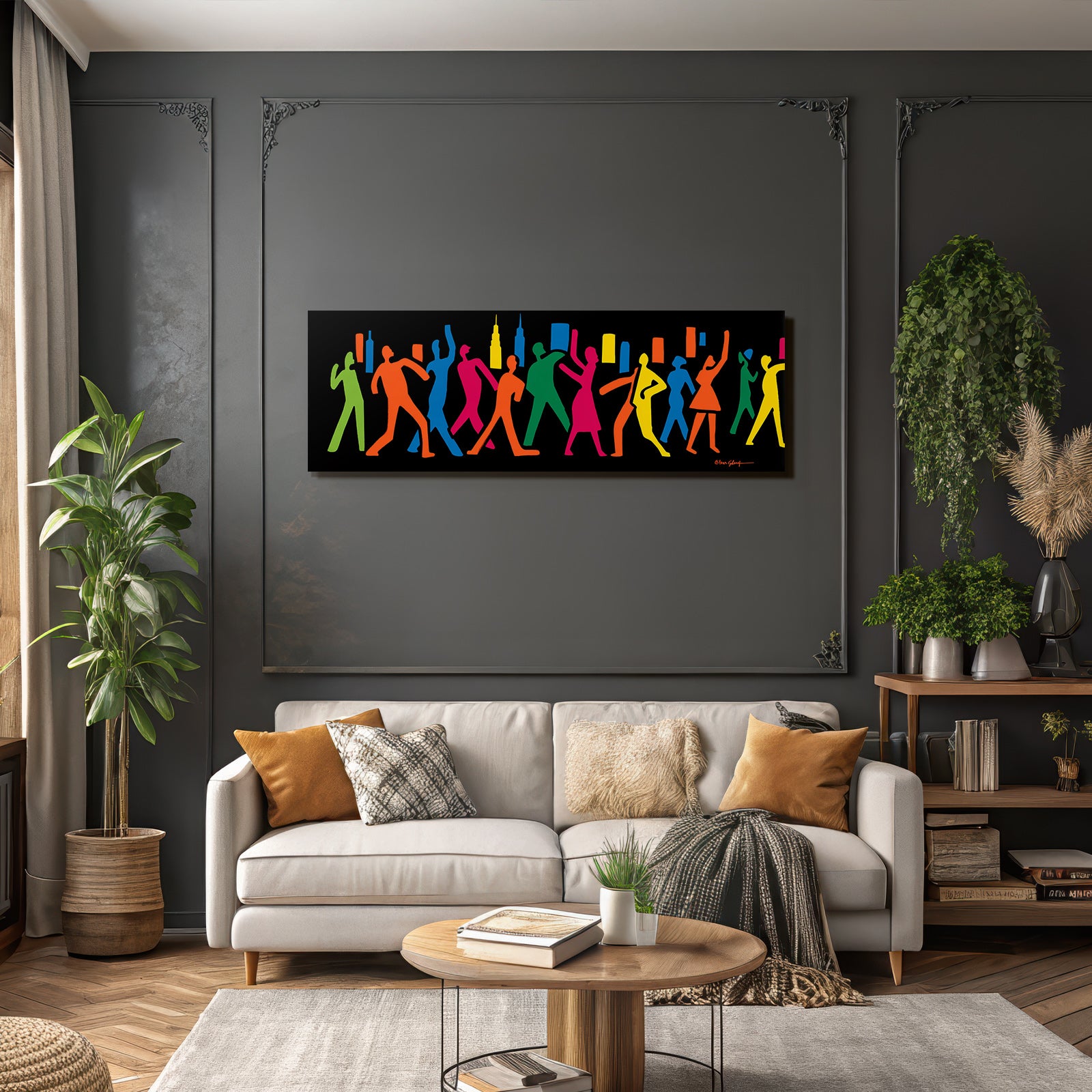 PopArt Bunte Tanzende Figuren Auf Schwarzem Hintergrund