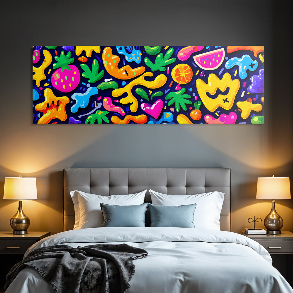 PopArt Farbenfrohes Abstraktes Muster Mit Fruchtformen Auf Dunklem Hintergrund