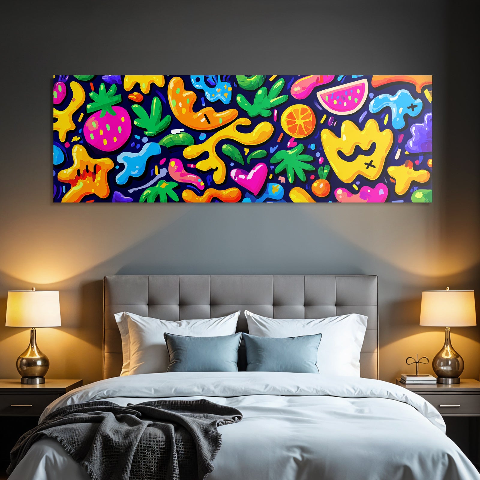 PopArt Farbenfrohes Abstraktes Muster Mit Fruchtformen Auf Dunklem Hintergrund
