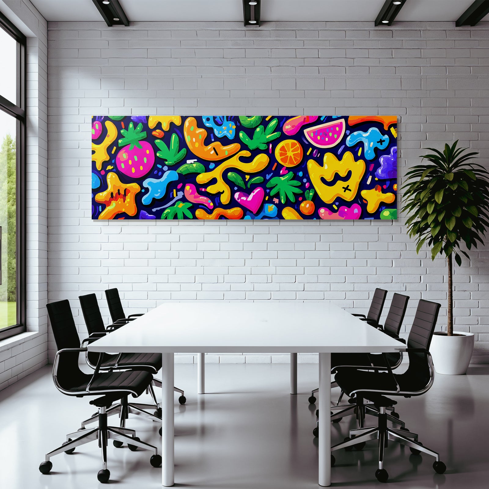 PopArt Farbenfrohes Abstraktes Muster Mit Fruchtformen Auf Dunklem Hintergrund