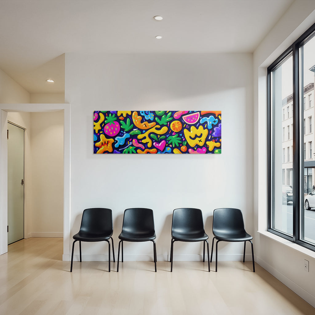 PopArt Farbenfrohes Abstraktes Muster Mit Fruchtformen Auf Dunklem Hintergrund