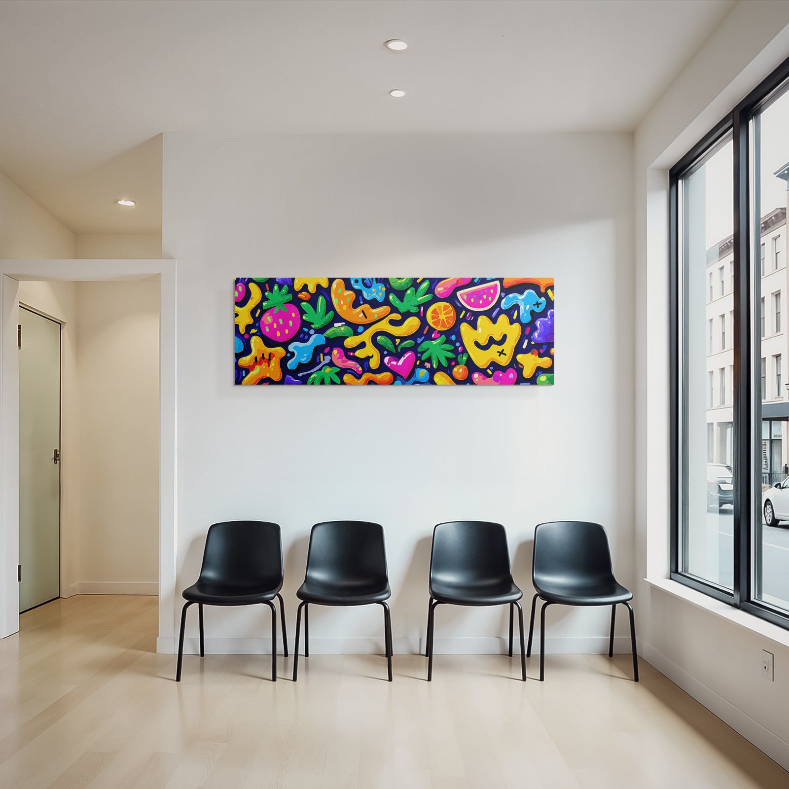 PopArt Farbenfrohes Abstraktes Muster Mit Fruchtformen Auf Dunklem Hintergrund