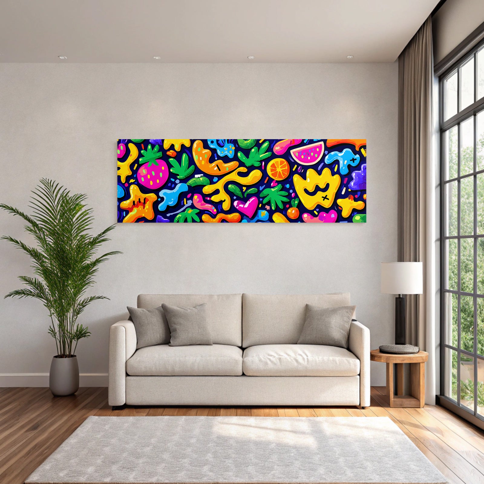 PopArt Farbenfrohes Abstraktes Muster Mit Fruchtformen Auf Dunklem Hintergrund