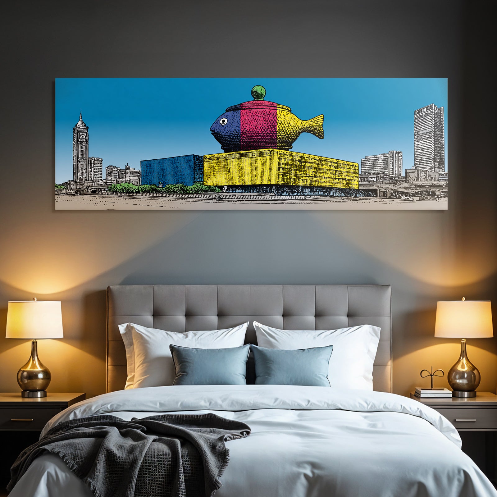 PopArt Farbenfrohes Gebaeude Mit Fischstruktur Und Uhrturm