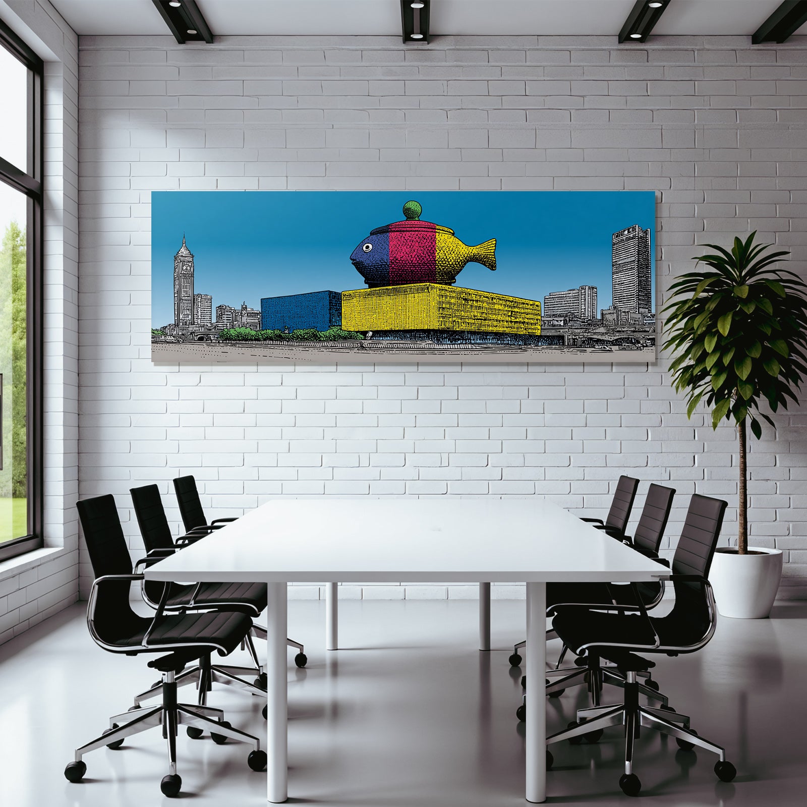 PopArt Farbenfrohes Gebaeude Mit Fischstruktur Und Uhrturm