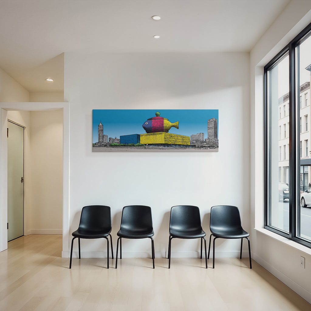 PopArt Farbenfrohes Gebaeude Mit Fischstruktur Und Uhrturm