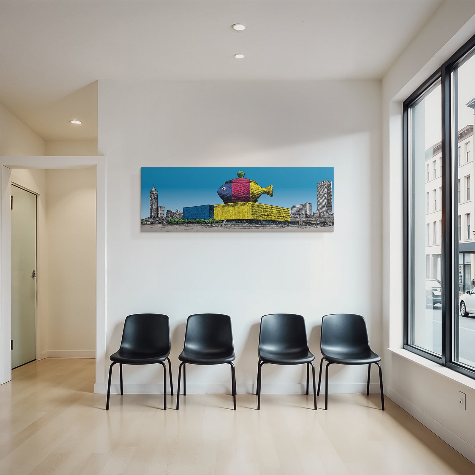 PopArt Farbenfrohes Gebaeude Mit Fischstruktur Und Uhrturm