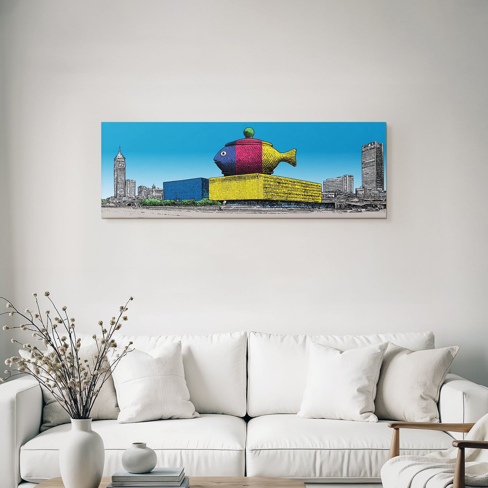 PopArt Farbenfrohes Gebaeude Mit Fischstruktur Und Uhrturm