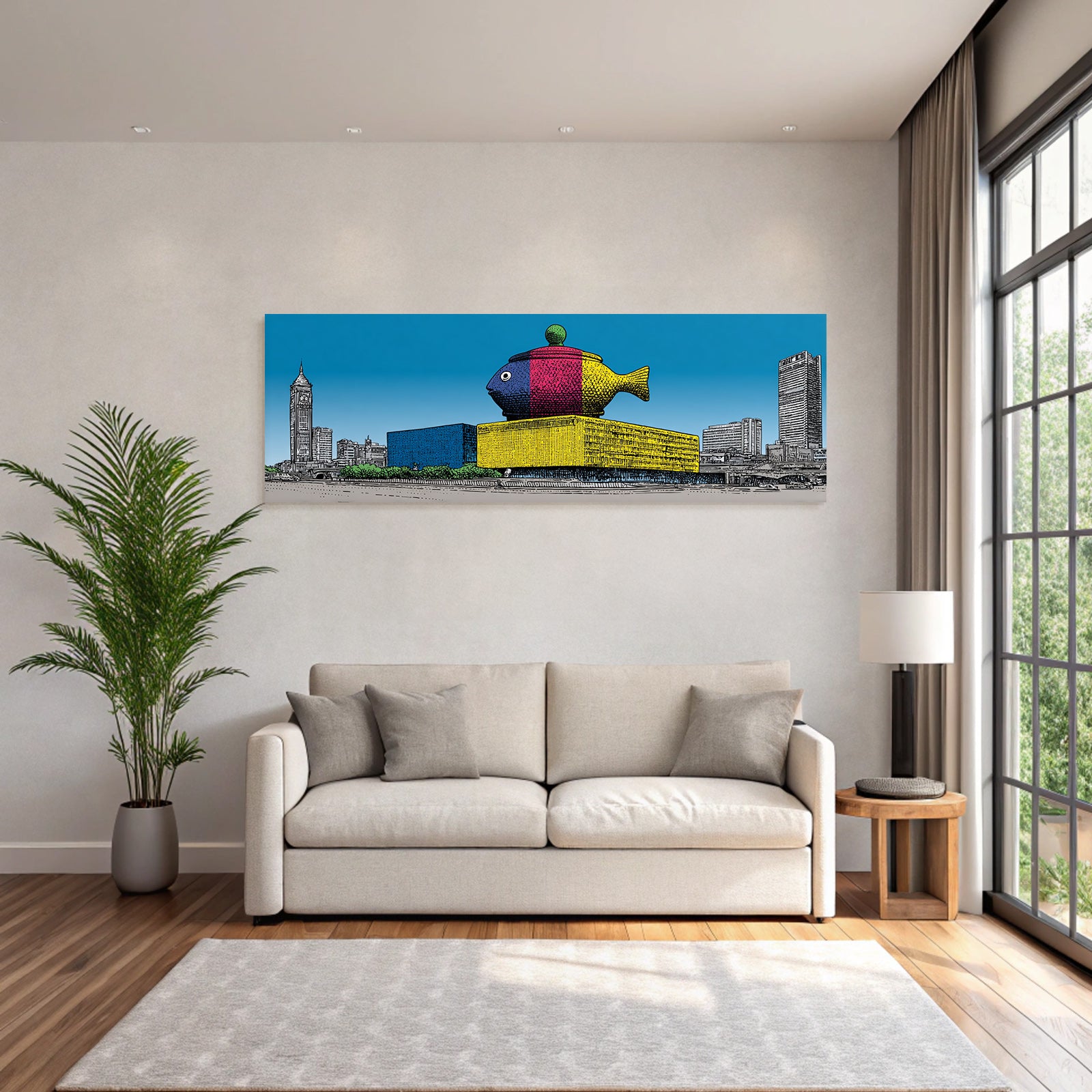 PopArt Farbenfrohes Gebaeude Mit Fischstruktur Und Uhrturm