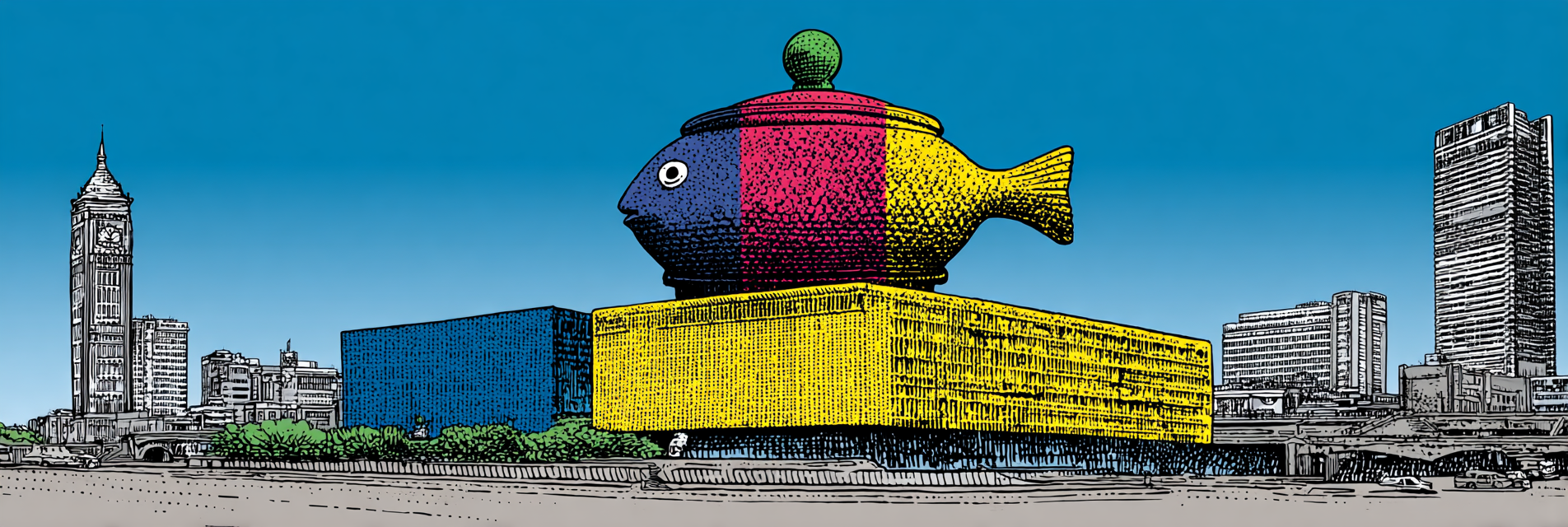 PopArt Farbenfrohes Gebaeude Mit Fischstruktur Und Uhrturm | Pop Art | Stilrichtungen