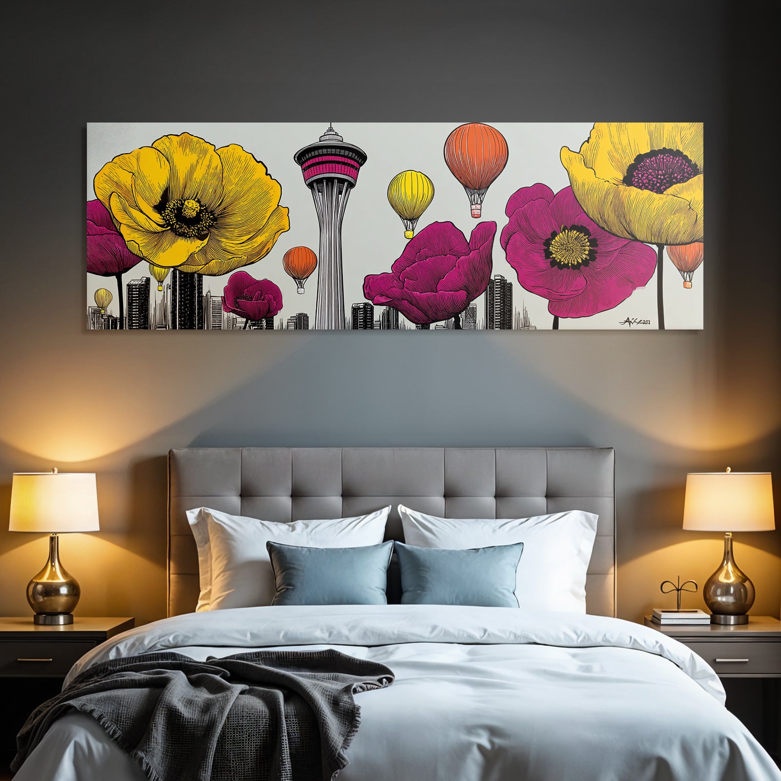 PopArt Lebendige Blumen Stadt Mit Heissluftballons