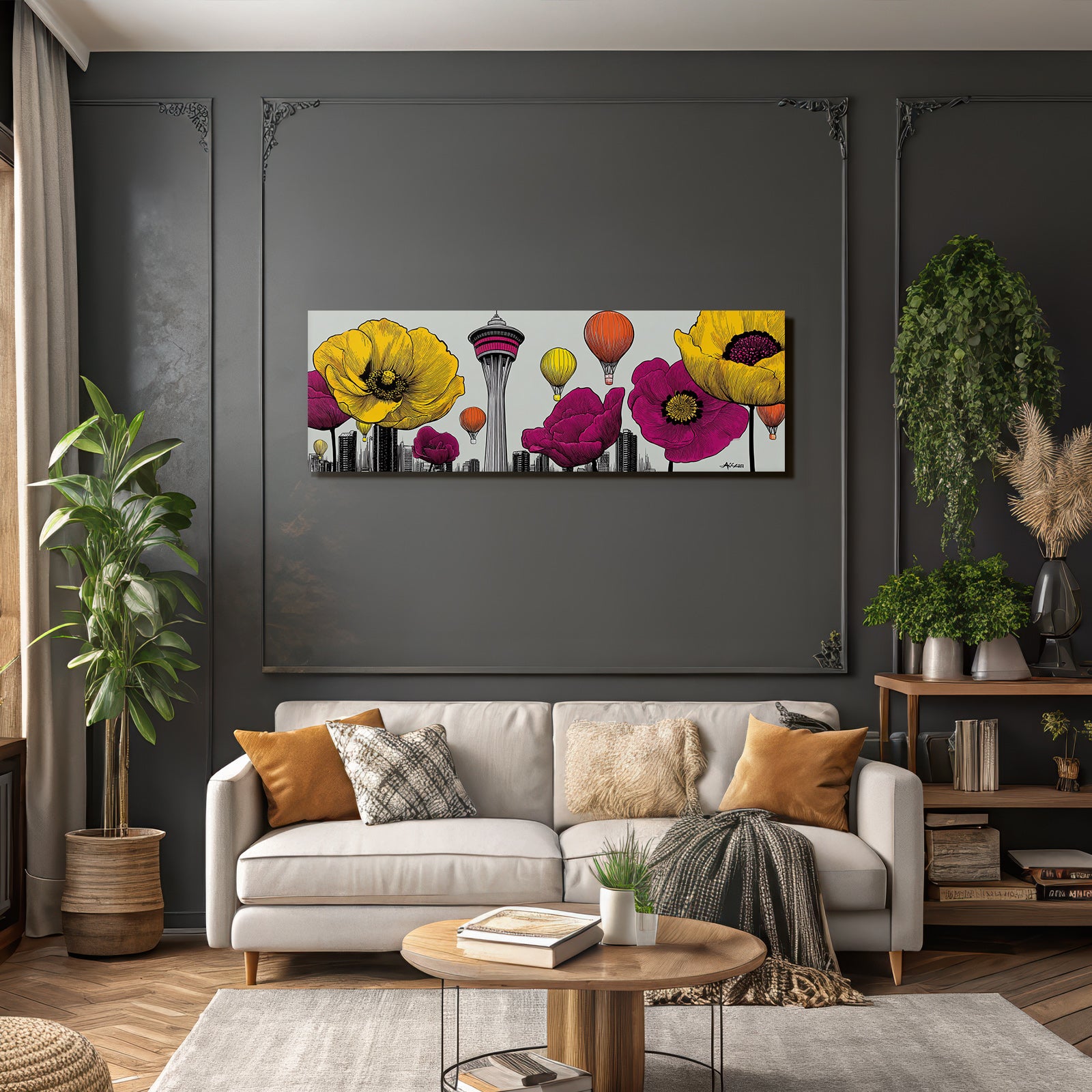 PopArt Lebendige Blumen Stadt Mit Heissluftballons
