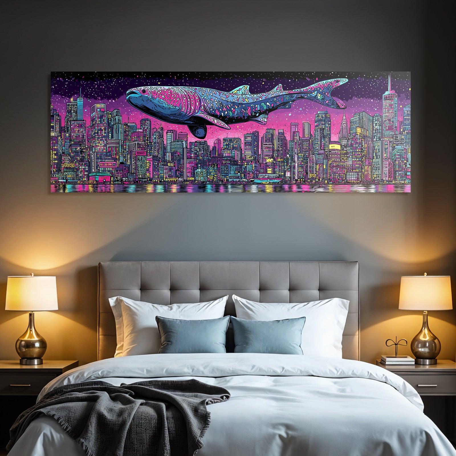 PopArt Stadt Nacht Mit Grossem Walhai Über Den Gebaeuden