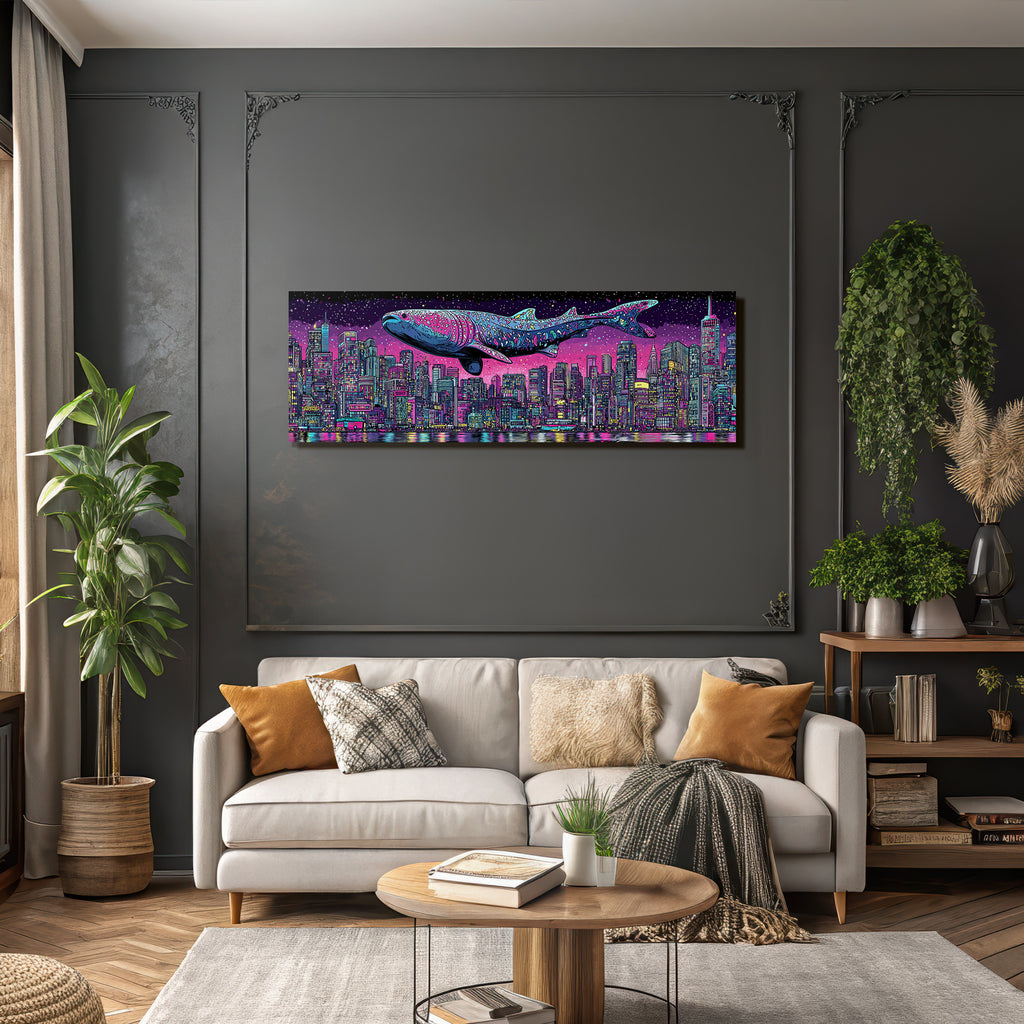 PopArt Stadt Nacht Mit Grossem Walhai Über Den Gebaeuden