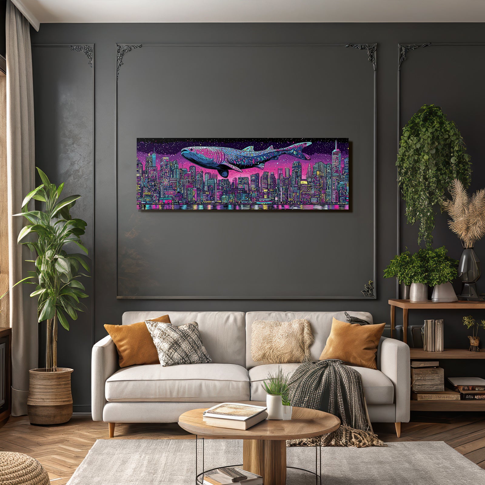 PopArt Stadt Nacht Mit Grossem Walhai Über Den Gebaeuden