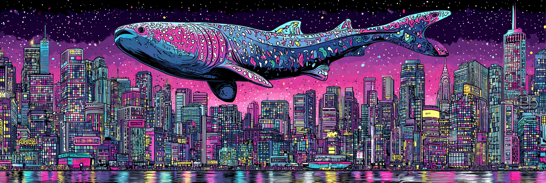 PopArt Stadt Nacht Mit Grossem Walhai Über Den Gebaeuden | Pop Art | Stilrichtungen