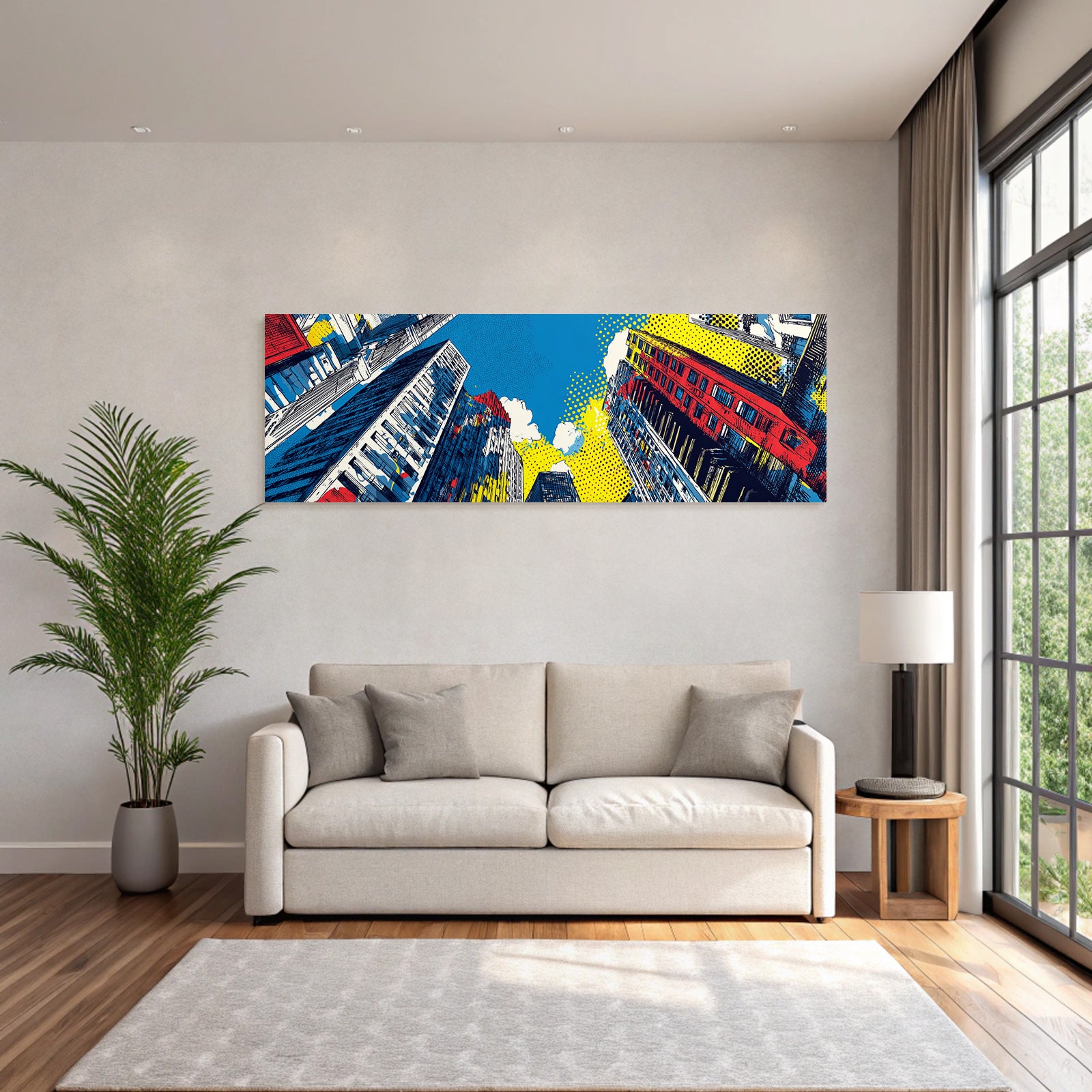 PopArt Stadtansicht Von Unterer Perspektive Mit Lebendigen Farben Im Stil
