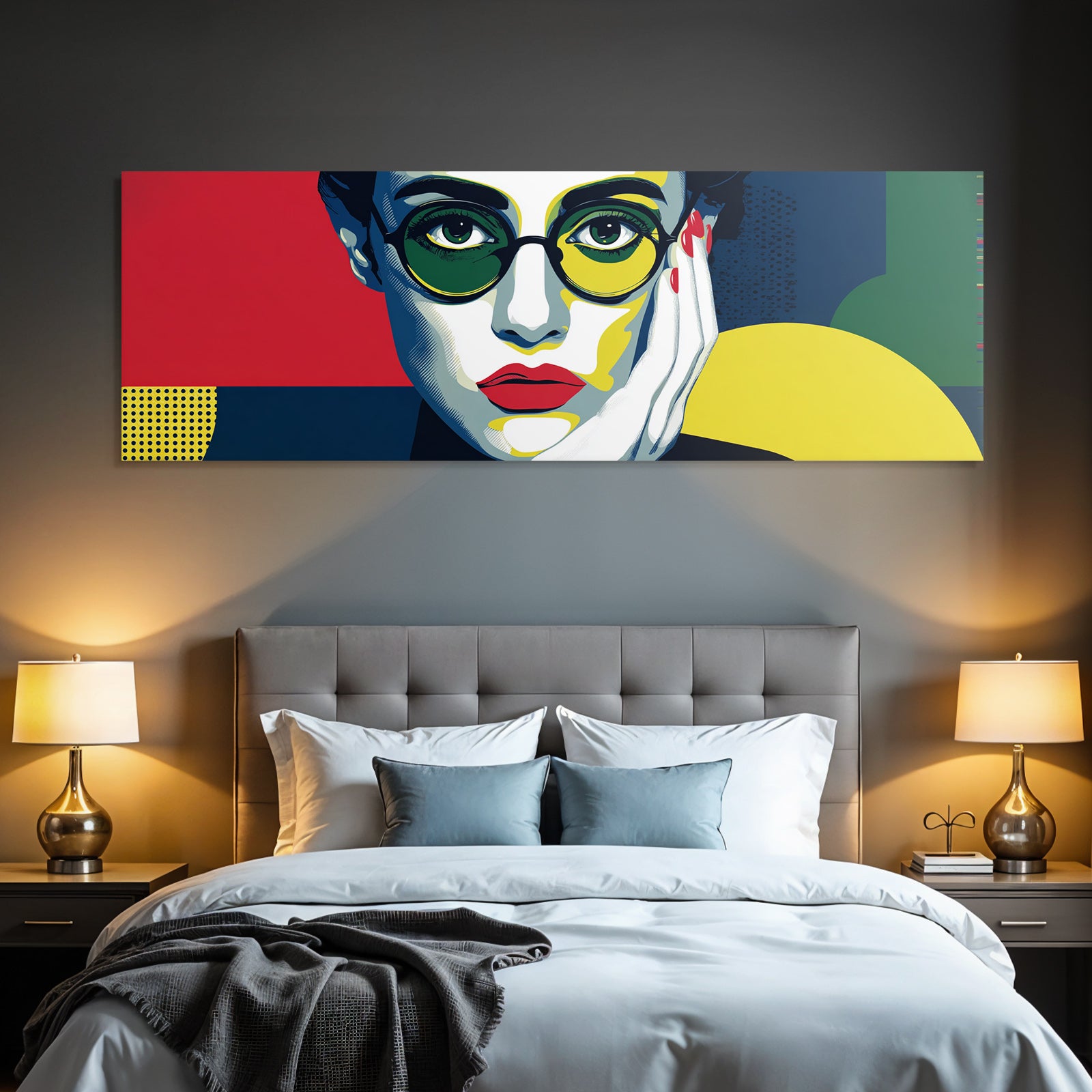PopArt Stilisiertes Porträt Mit Bunten Elementen Und Überdimensionierten Brillen