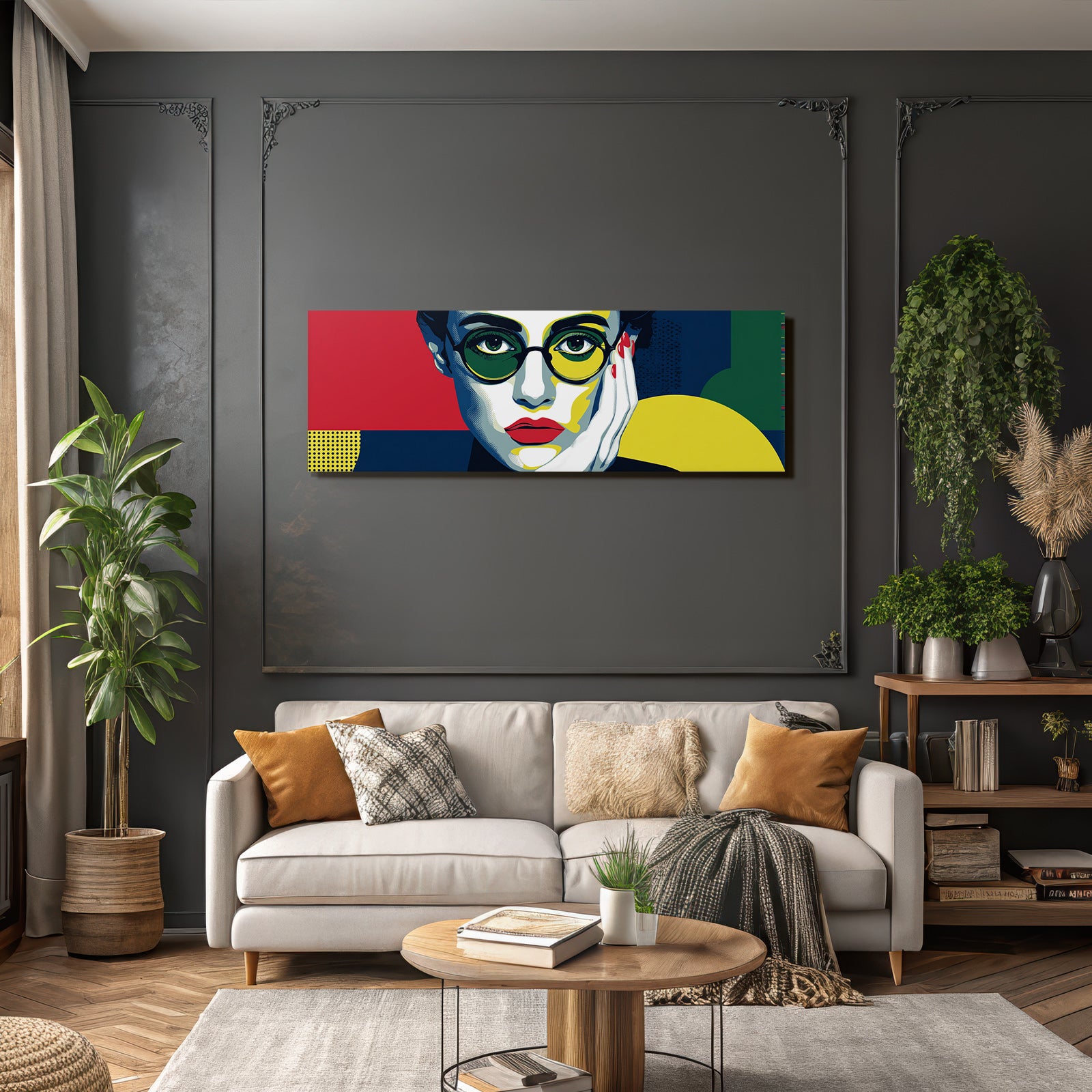 PopArt Stilisiertes Porträt Mit Bunten Elementen Und Überdimensionierten Brillen