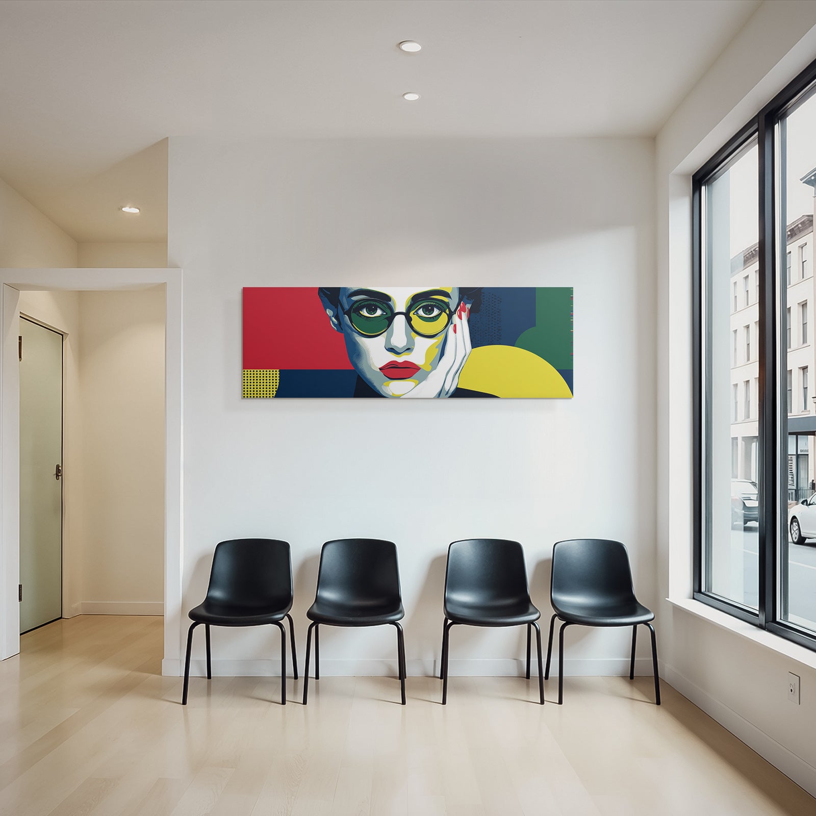 PopArt Stilisiertes Porträt Mit Bunten Elementen Und Überdimensionierten Brillen