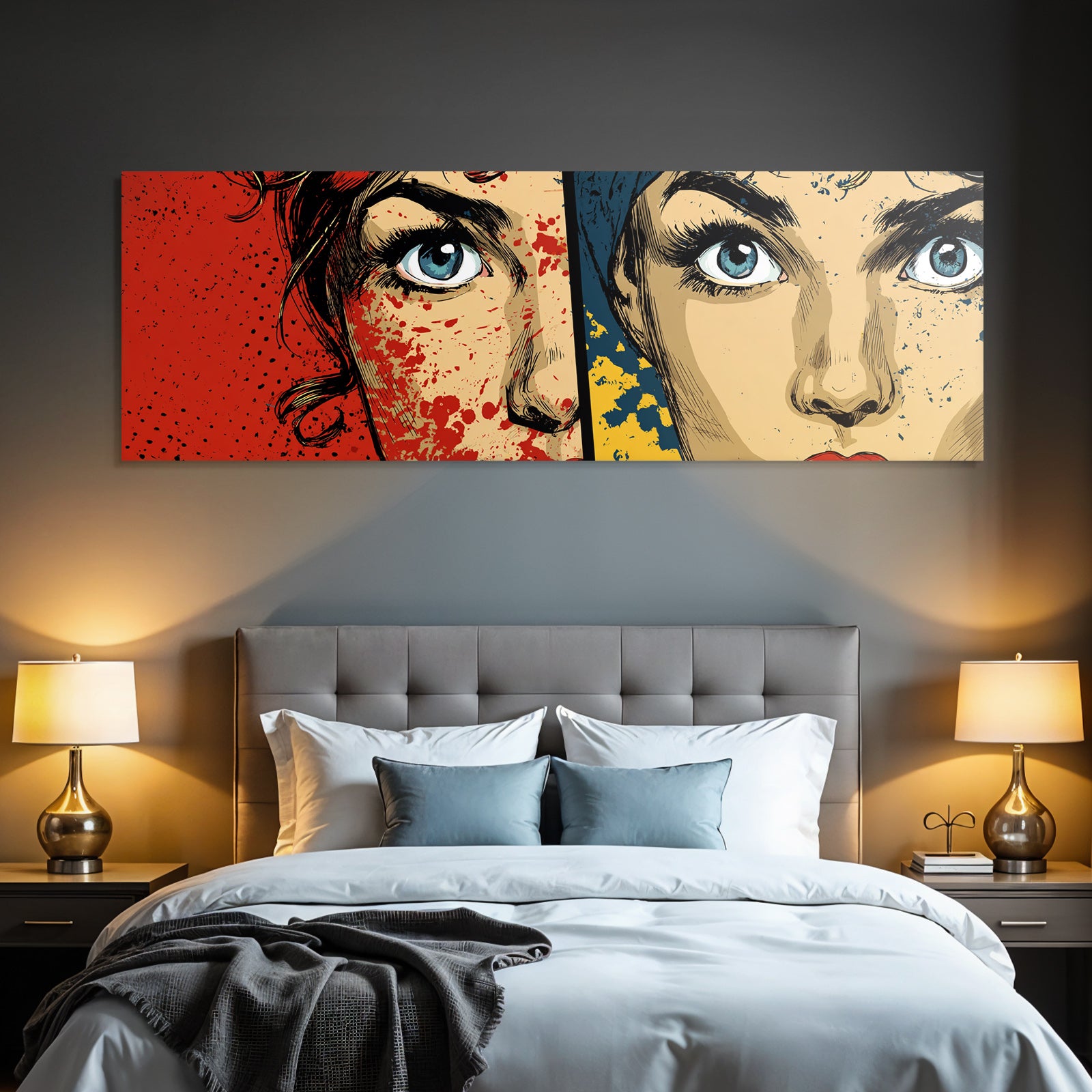 PopArt Zweigespaltetes Fraünporträt Rot Und Blaugelb