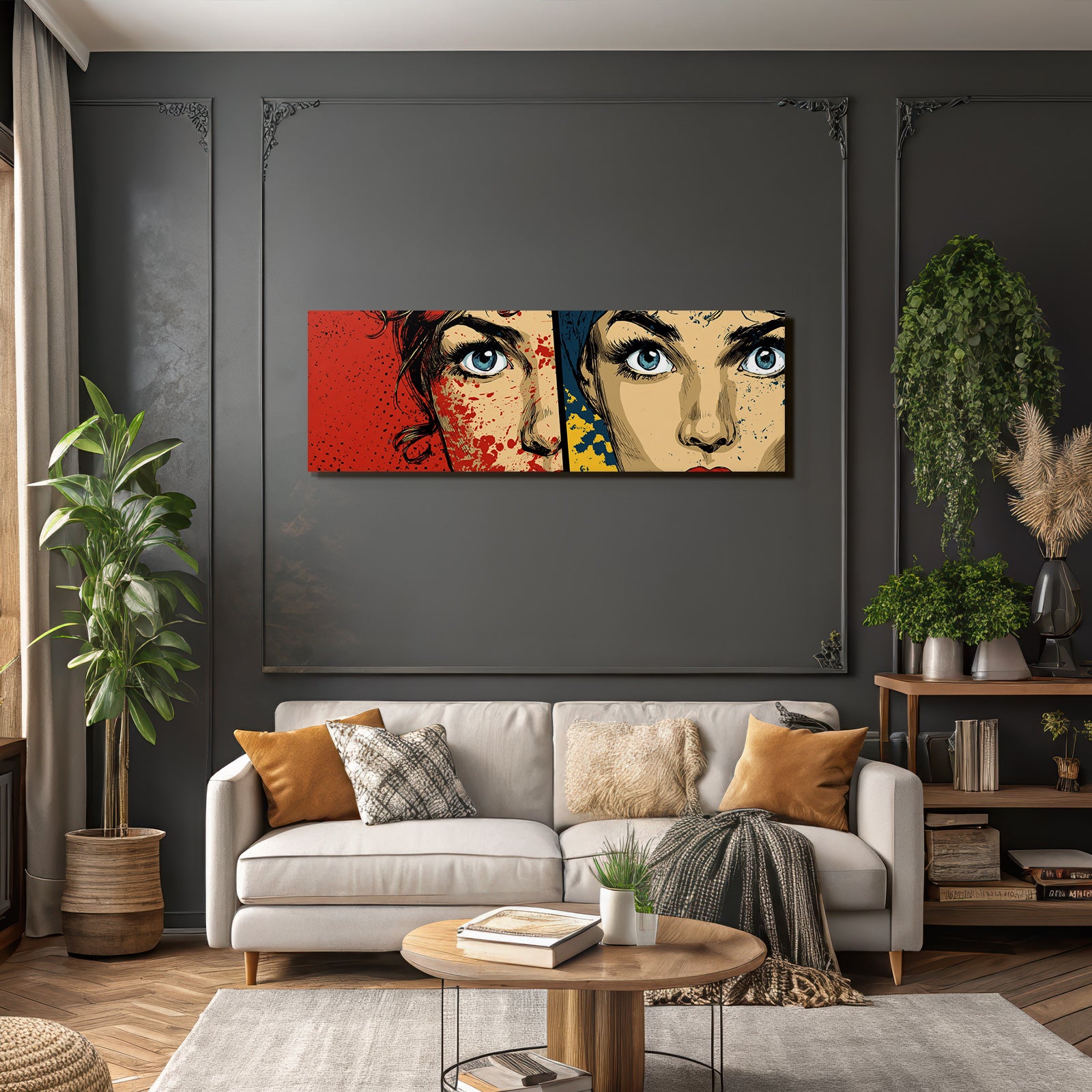 PopArt Zweigespaltetes Fraünporträt Rot Und Blaugelb