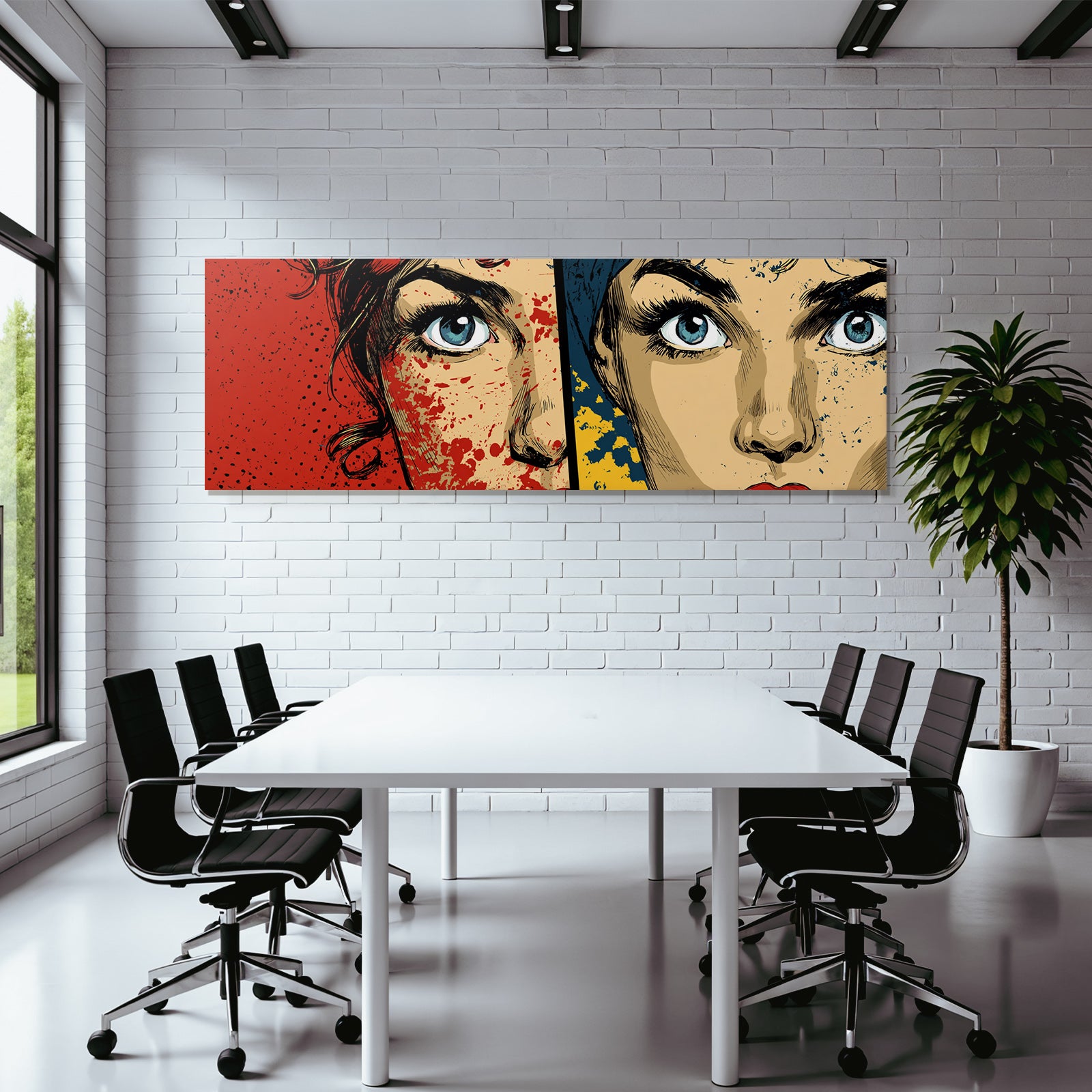 PopArt Zweigespaltetes Fraünporträt Rot Und Blaugelb