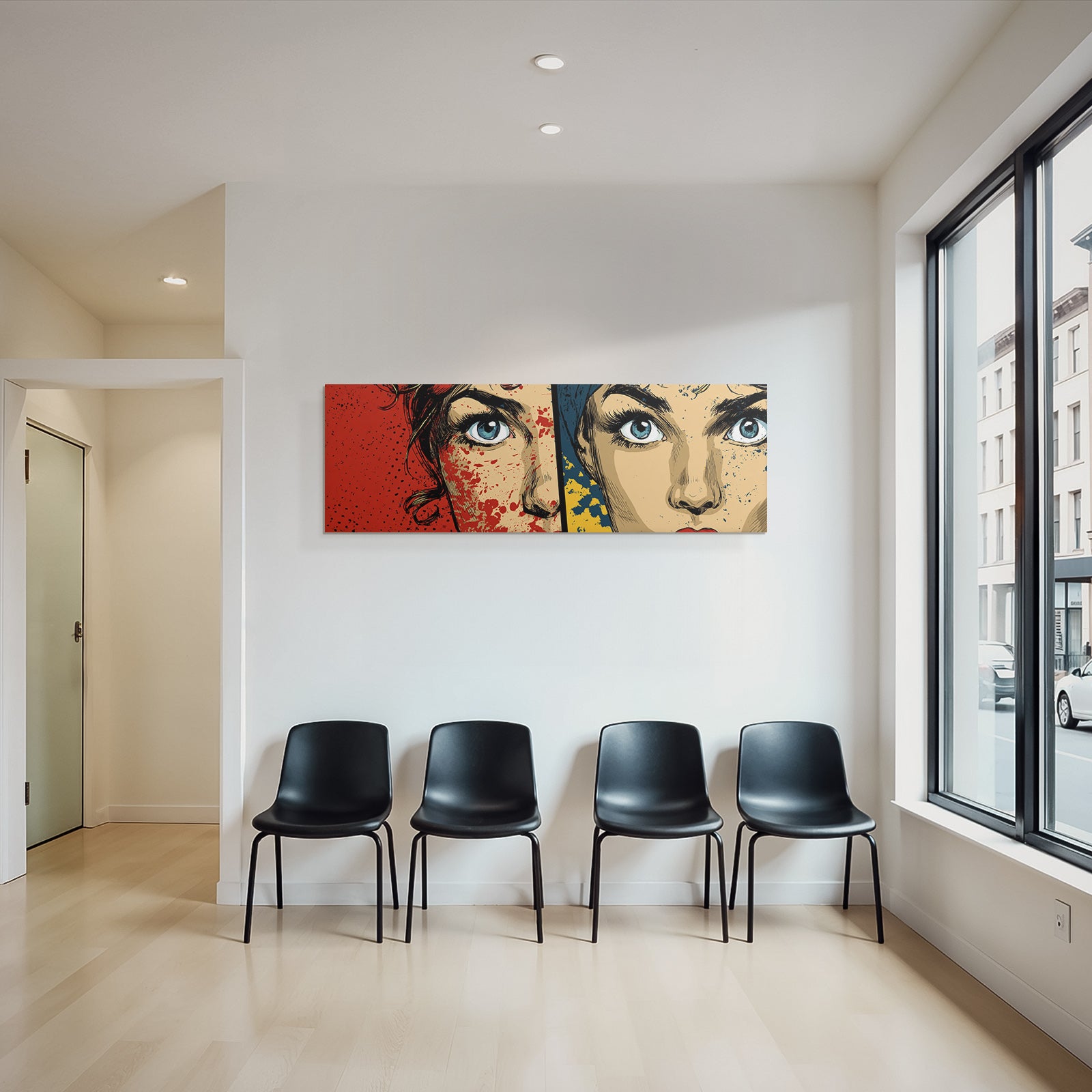 PopArt Zweigespaltetes Fraünporträt Rot Und Blaugelb