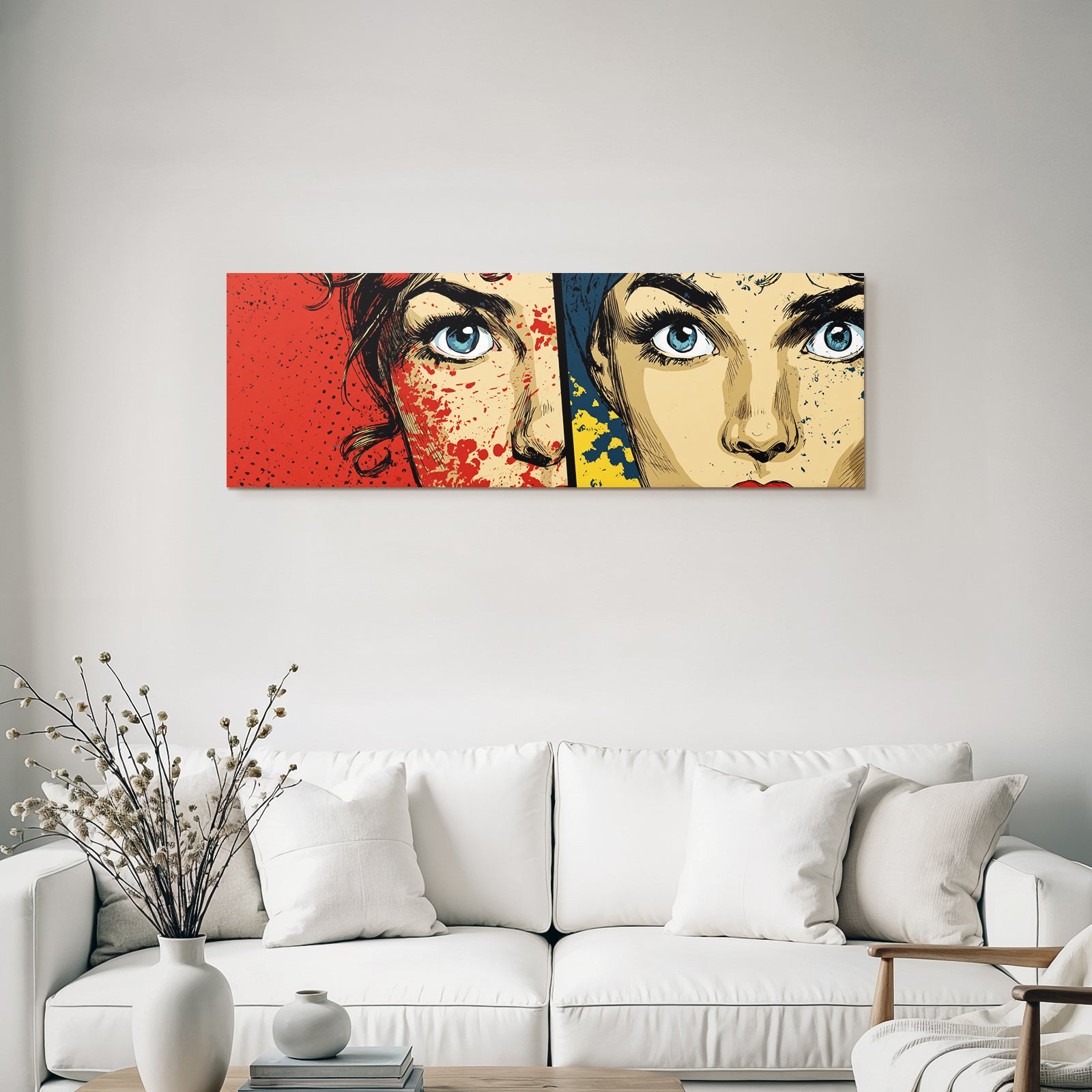 PopArt Zweigespaltetes Fraünporträt Rot Und Blaugelb