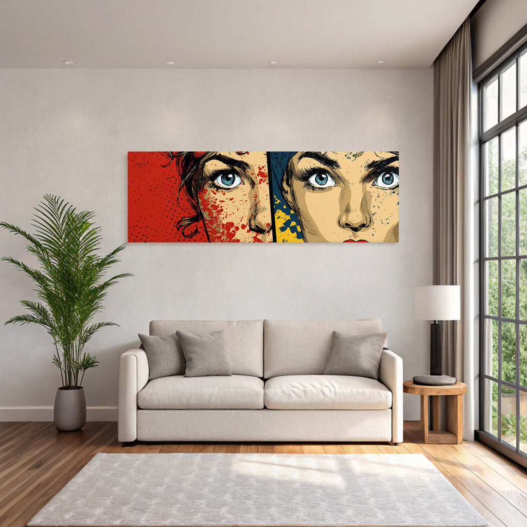 PopArt Zweigespaltetes Fraünporträt Rot Und Blaugelb