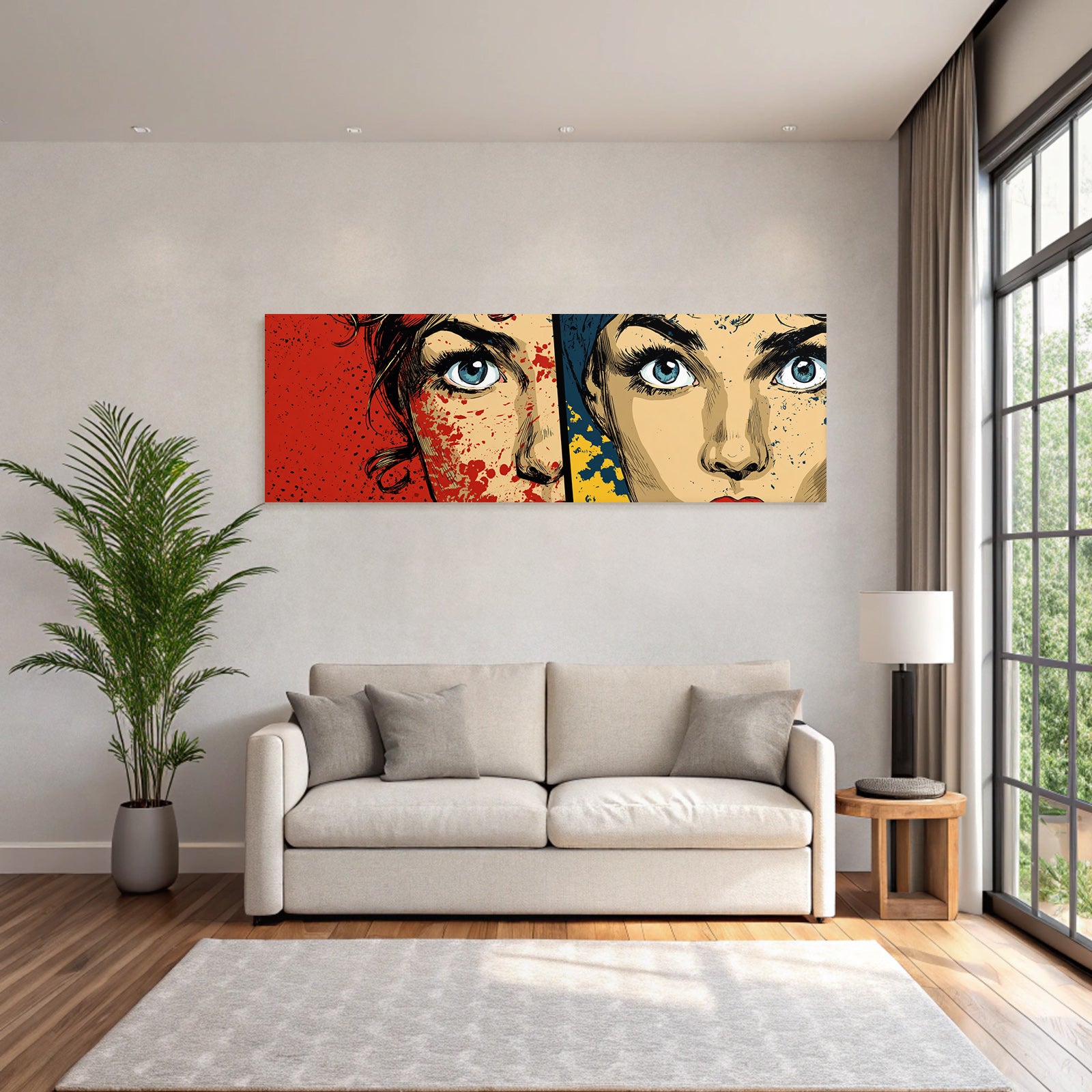 PopArt Zweigespaltetes Fraünporträt Rot Und Blaugelb