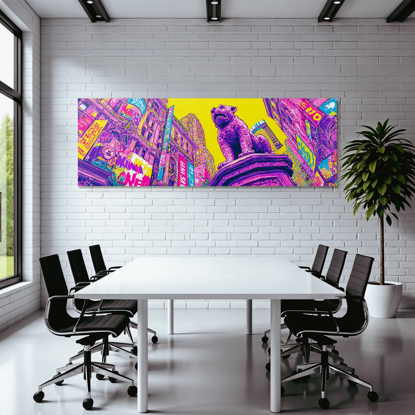 PopArt Stadtlandschaft Mit Löw Oder Hund Statue Und Bunten Werbungen