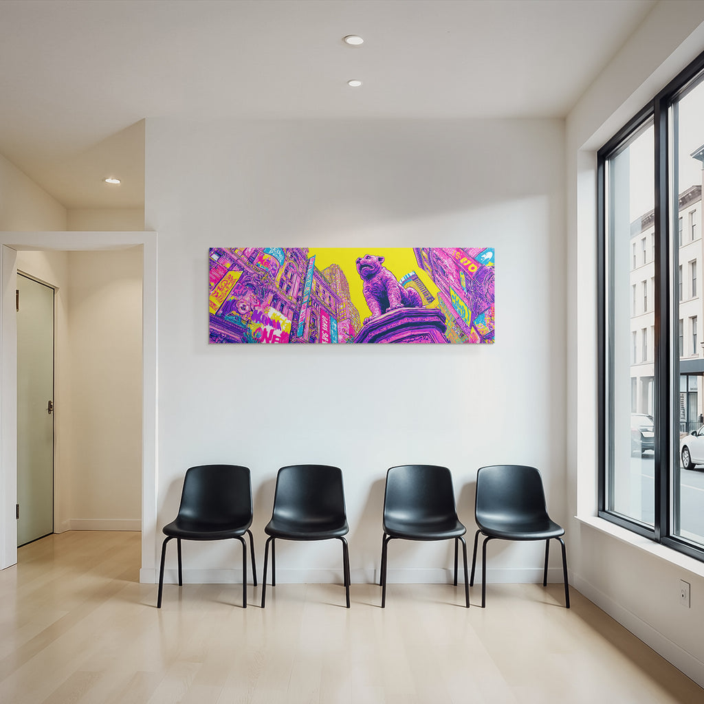 PopArt Stadtlandschaft Mit Löw Oder Hund Statue Und Bunten Werbungen