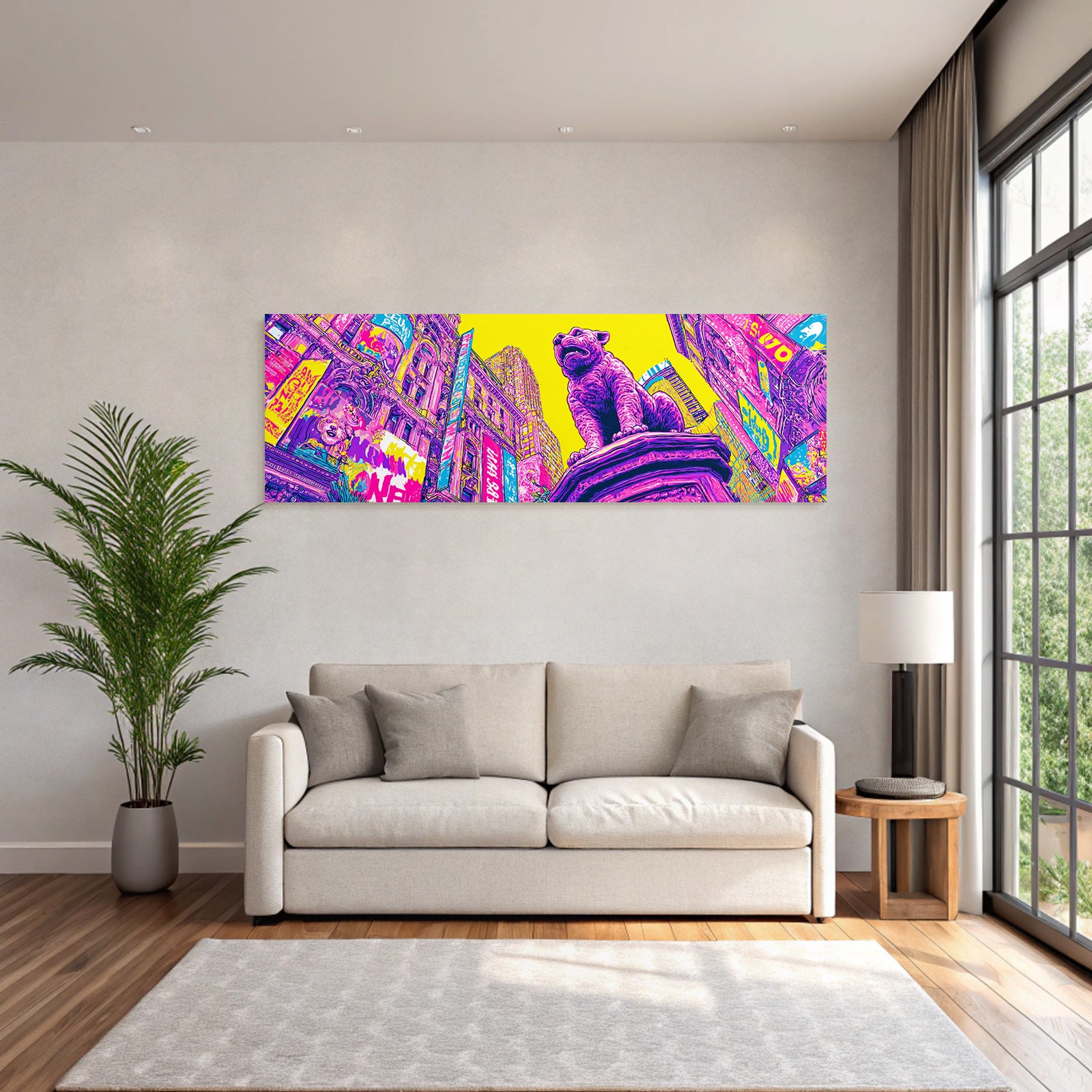 PopArt Stadtlandschaft Mit Löw Oder Hund Statue Und Bunten Werbungen