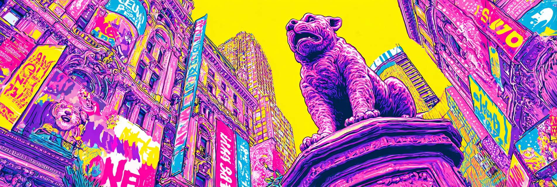 PopArt Stadtlandschaft Mit Löw Oder Hund Statue Und Bunten Werbungen | Pop Art | Stilrichtungen