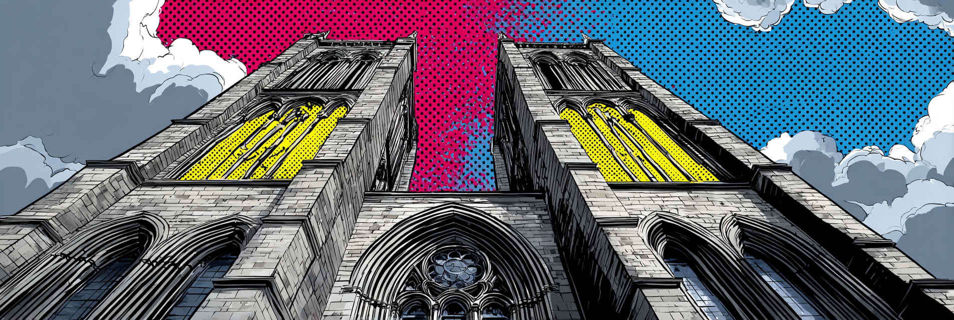 PopArt Stilisiertes Kirchenbild Mit Gotischen Türmen Und Comicbuch Ästhetik | Pop Art | Stilrichtungen