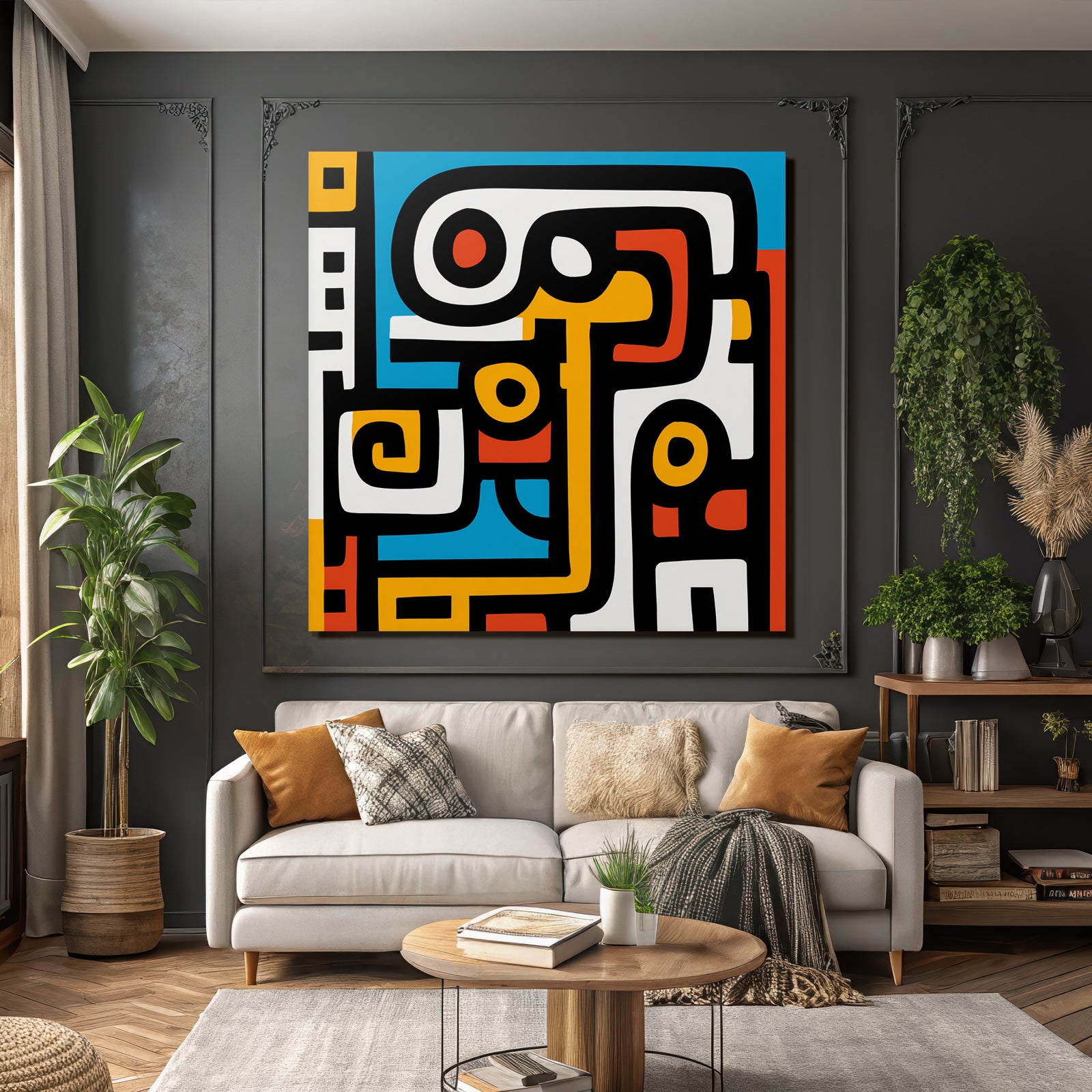 PopArt Abstrakte Kunst Mit Kräftigen Farben Und Schwarzen Konturen