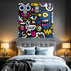 PopArt Bunte Abstrakte Kunst Mit Cartoon Gesichtern Und Farbenfrohen Symbolen
